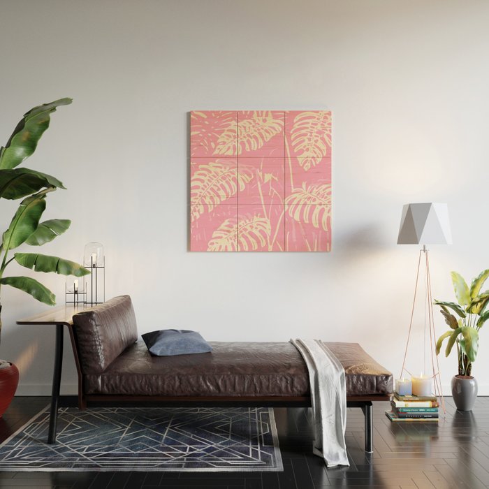 Pink Monstera Boho Tropical Wood Wall Art Gallery Image 2