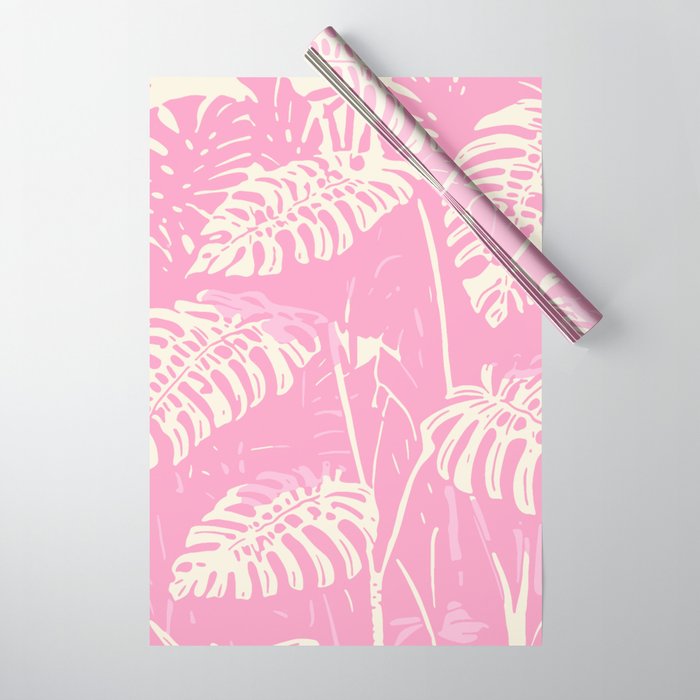 Pink Monstera Boho Tropical Wrapping Paper Gallery Image 1