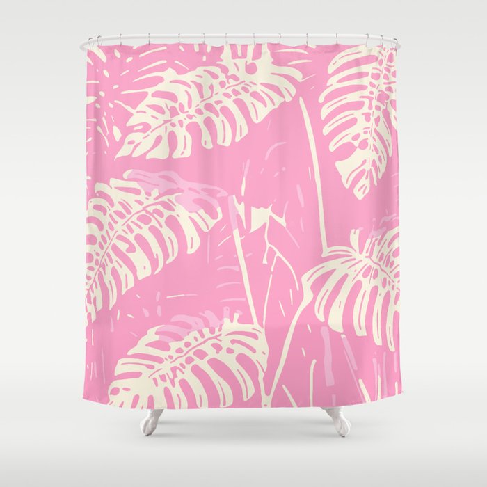Pink Monstera Boho Tropical Shower Curtain Gallery Image 1