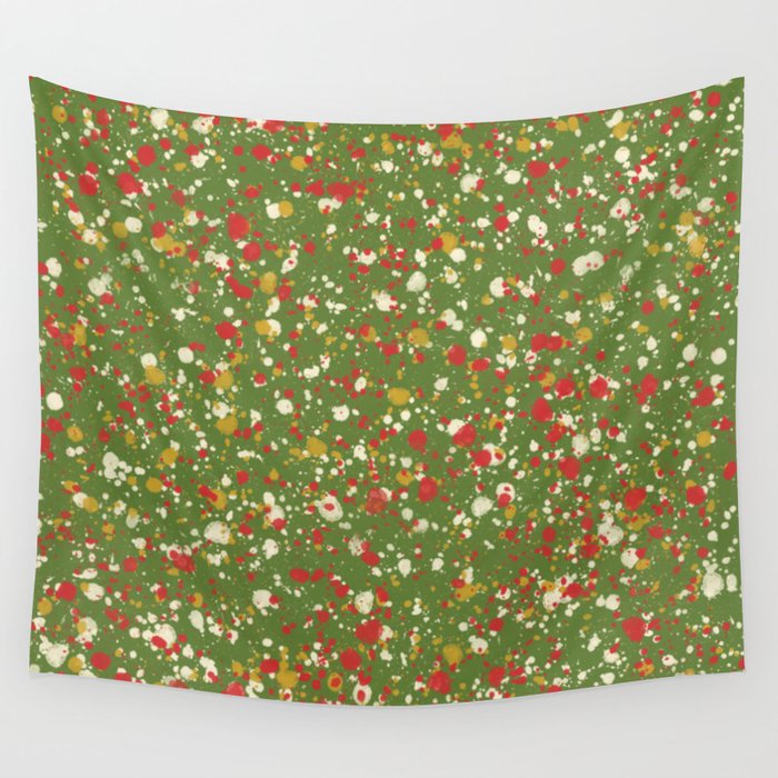Christmas Spatter Paint in Retro Xmas Red, Cream, Gold, and Olive Green Wall Tapestry Gallery Image 4