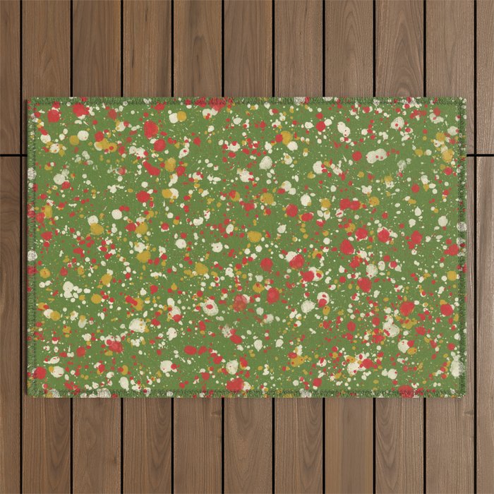 Christmas Spatter Paint in Retro Xmas Red, Cream, Gold, and Olive Green Outdoor Rug Gallery Image 1