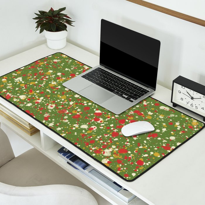 Christmas Spatter Paint in Retro Xmas Red, Cream, Gold, and Olive Green Desk Mat Gallery Image 2