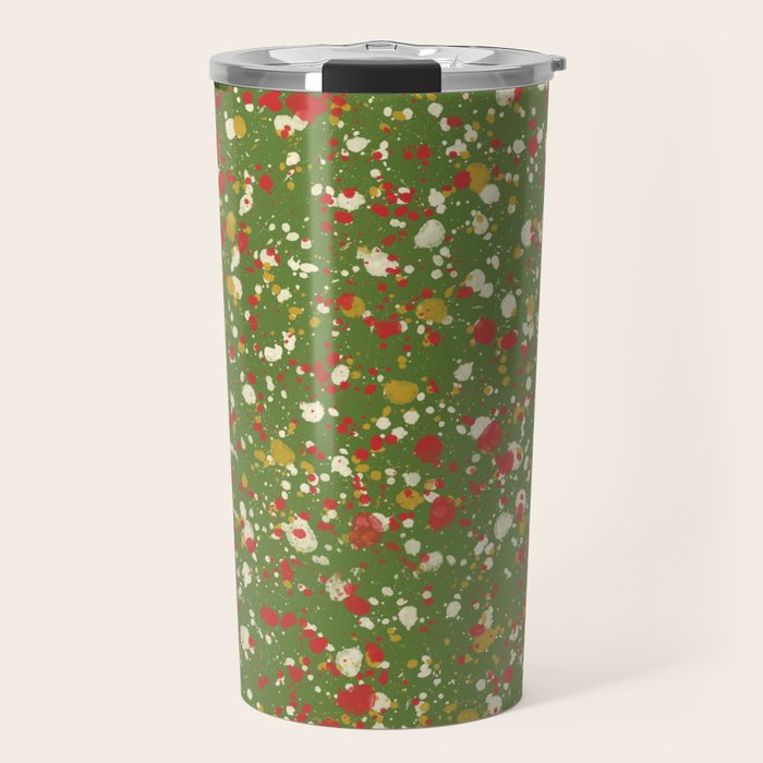 Christmas Spatter Paint in Retro Xmas Red, Cream, Gold, and Olive Green Travel Mug Gallery Image 1