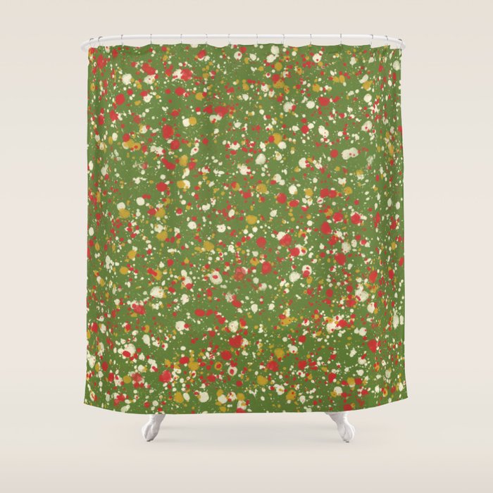 Christmas Spatter Paint in Retro Xmas Red, Cream, Gold, and Olive Green Shower Curtain Gallery Image 1
