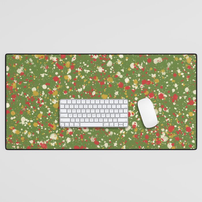 Christmas Spatter Paint in Retro Xmas Red, Cream, Gold, and Olive Green Desk Mat Gallery Image 1