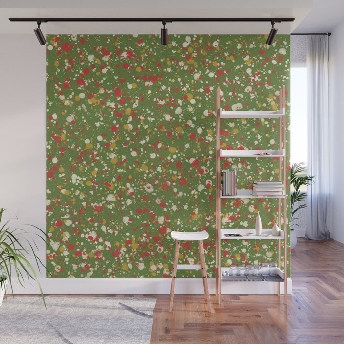 Christmas Spatter Paint in Retro Xmas Red, Cream, Gold, and Olive Green Wall Mural Gallery Image 1