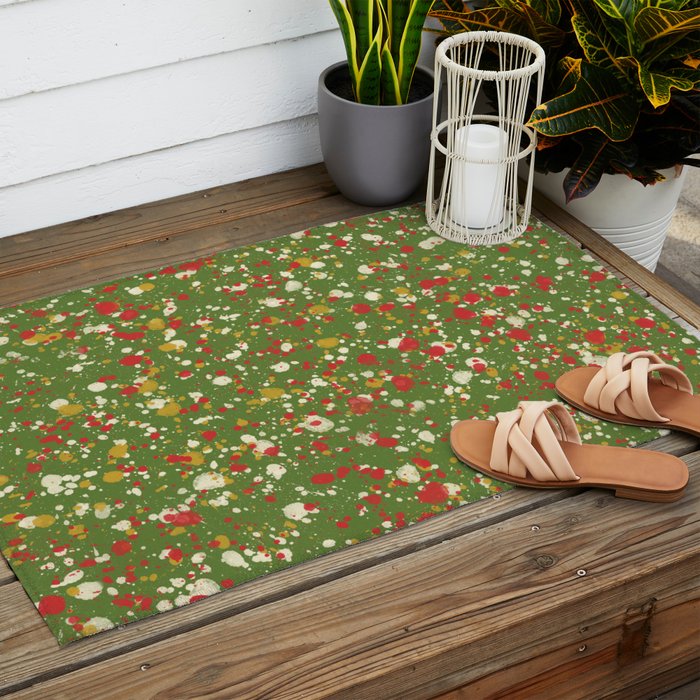 Christmas Spatter Paint in Retro Xmas Red, Cream, Gold, and Olive Green Outdoor Rug Gallery Image 2