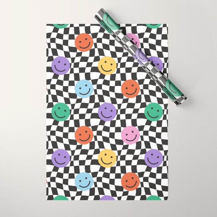 Colorful retro checkered happy face pattern Wrapping Paper Gallery Image 1