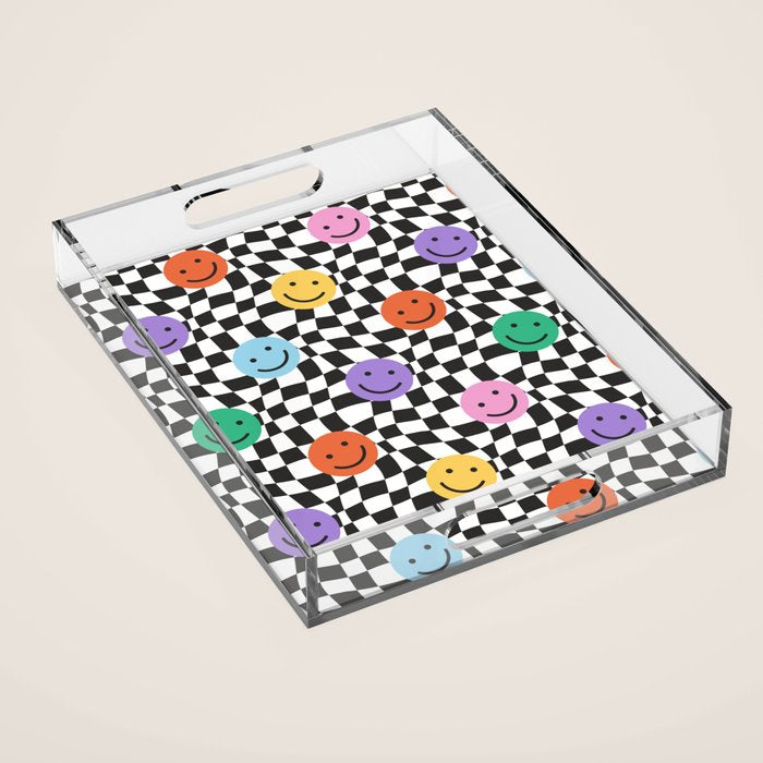 Colorful retro checkered happy face pattern Acrylic Tray Gallery Image 1