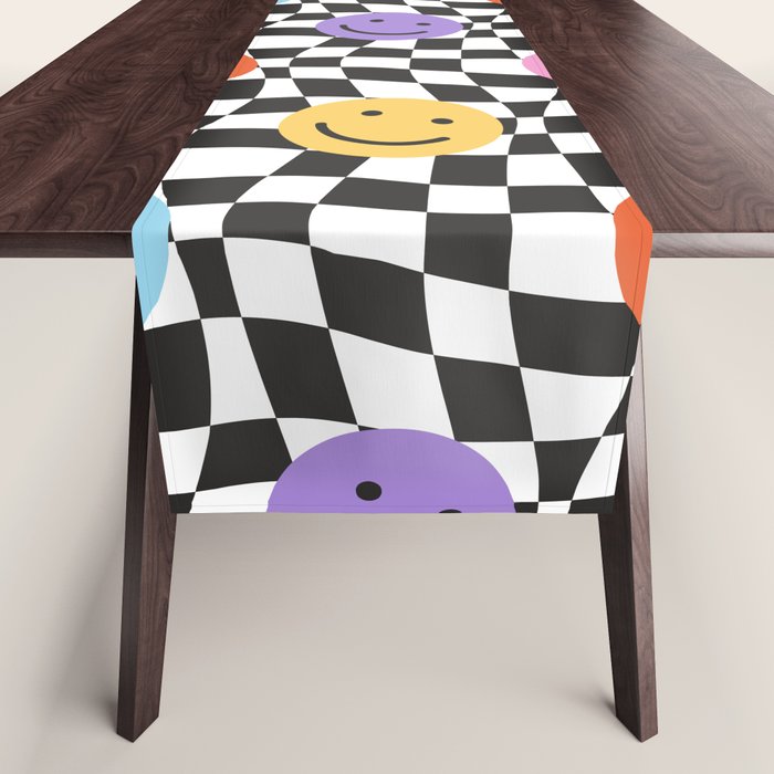 Colorful retro checkered happy face pattern Table Runner Gallery Image 1