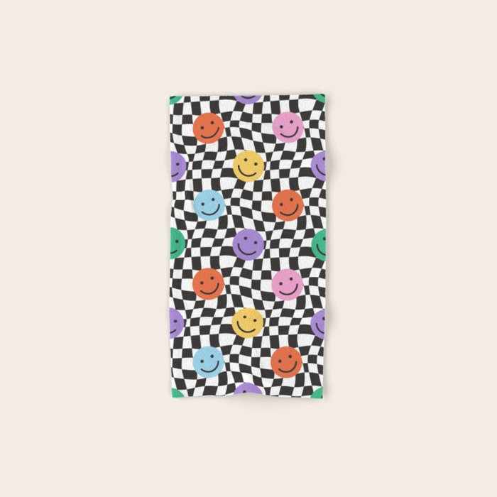 Colorful retro checkered happy face pattern Bath Towel Gallery Image 1