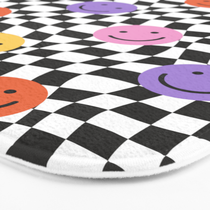 Colorful retro checkered happy face pattern Bath Mat Gallery Image 3