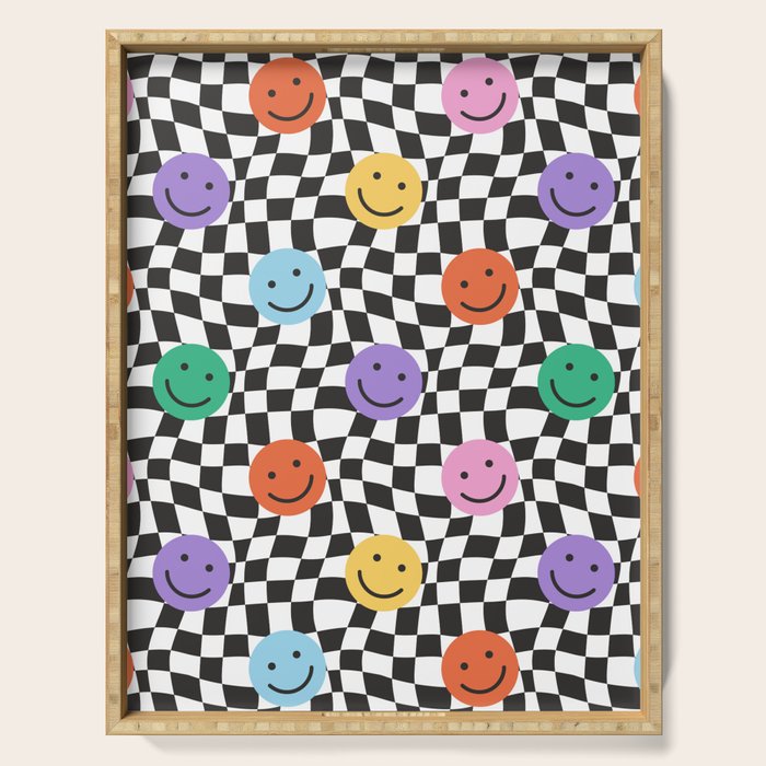 Colorful retro checkered happy face pattern Serving Tray Gallery Image 1