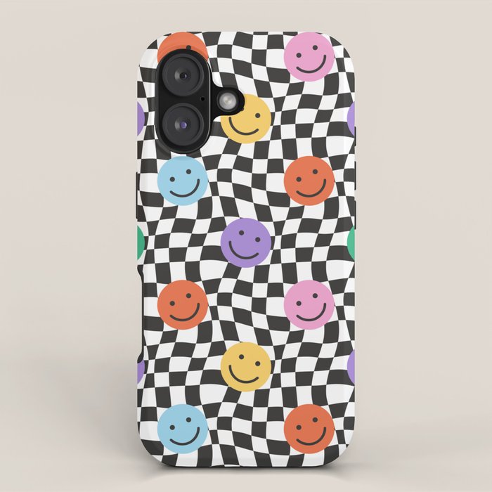 Colorful retro checkered happy face pattern iPhone Case Gallery Image 1