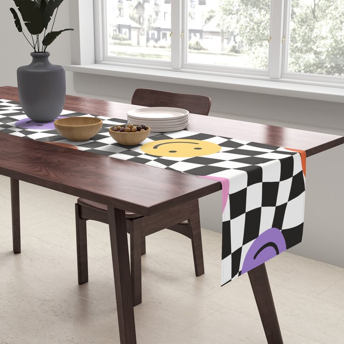 Colorful retro checkered happy face pattern Table Runner Gallery Image 2