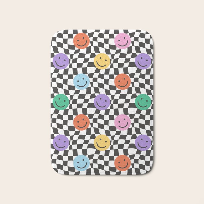 Colorful retro checkered happy face pattern Bath Mat Gallery Image 1