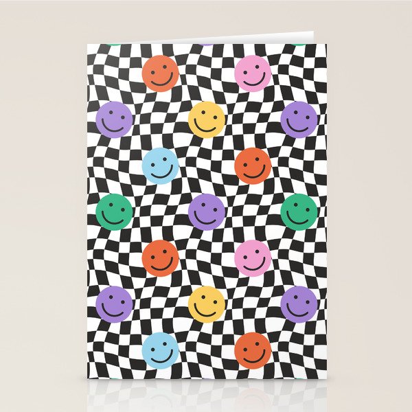 Colorful retro checkered happy face pattern Stationery Card Gallery Image 2