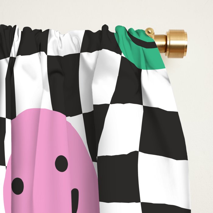 Colorful retro checkered happy face pattern Window Curtain Gallery Image 2