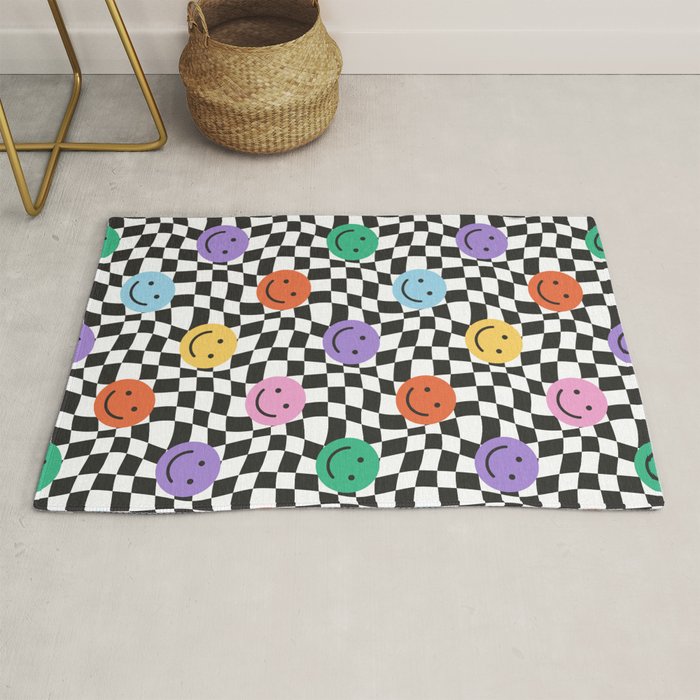Colorful retro checkered happy face pattern Rug Gallery Image 1