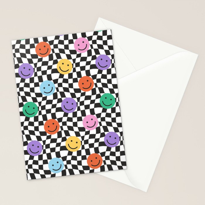 Colorful retro checkered happy face pattern Stationery Card Gallery Image 2