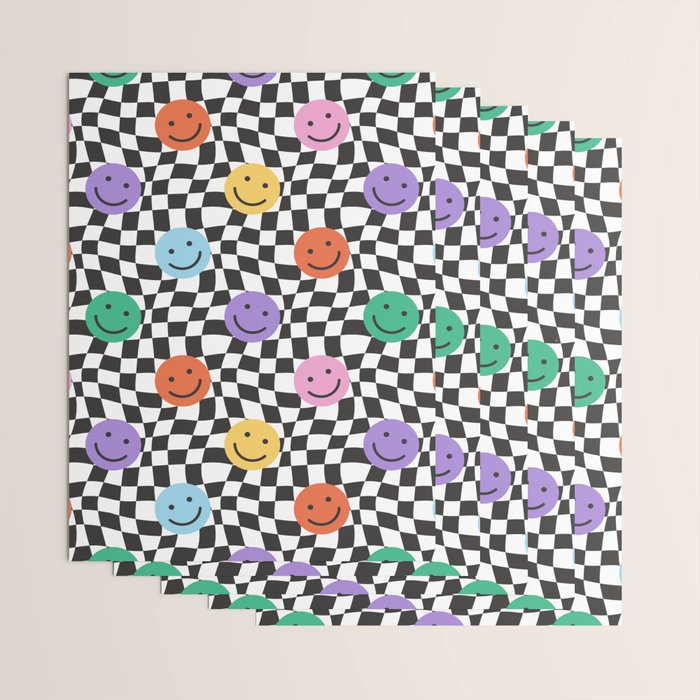 Colorful retro checkered happy face pattern Wrapping Paper Gallery Image 3