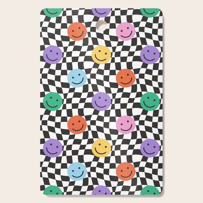 Colorful retro checkered happy face pattern Cutting Board Gallery Image 1