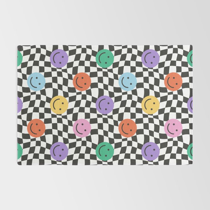 Colorful retro checkered happy face pattern Rug Gallery Image 2