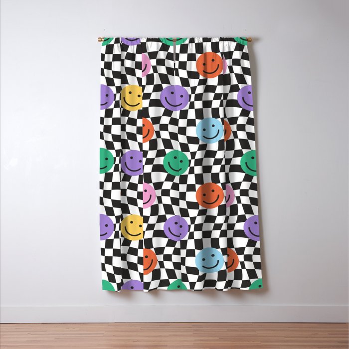 Colorful retro checkered happy face pattern Window Curtain Gallery Image 3