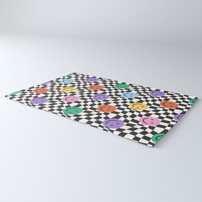 Colorful retro checkered happy face pattern Rug Gallery Image 3