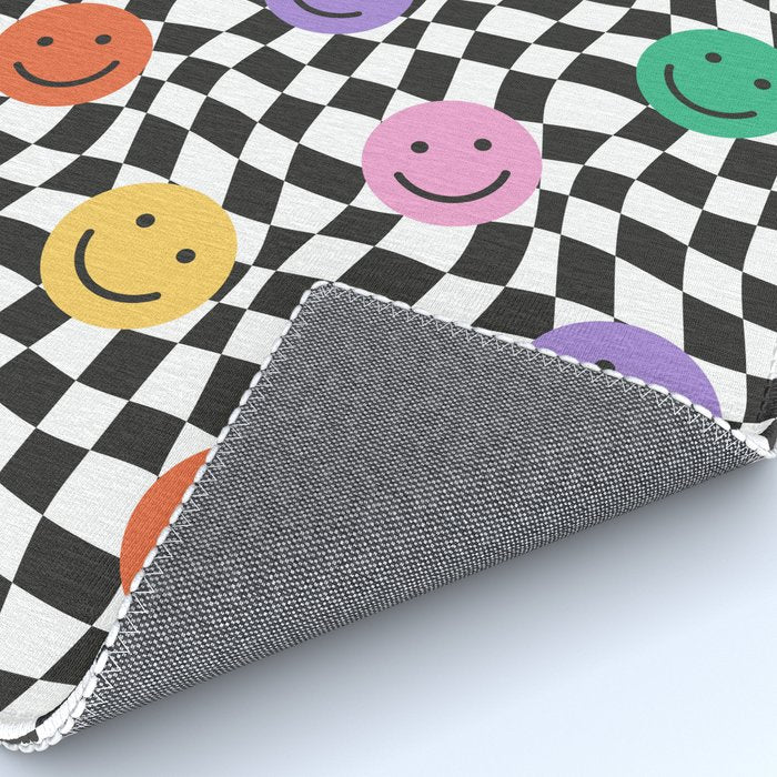 Colorful retro checkered happy face pattern Rug Gallery Image 4