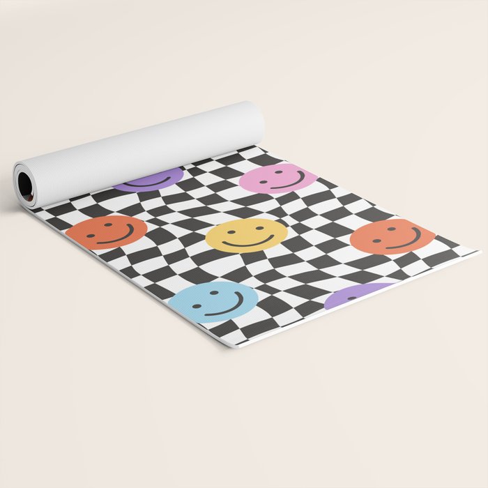 Colorful retro checkered happy face pattern Yoga Mat Gallery Image 2