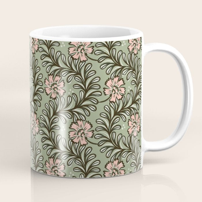 Climbing Leaves Floral Stripe Sage Green and Pink Coffee Mug Gallery Image 1