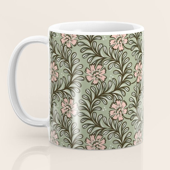 Climbing Leaves Floral Stripe Sage Green and Pink Coffee Mug Gallery Image 3