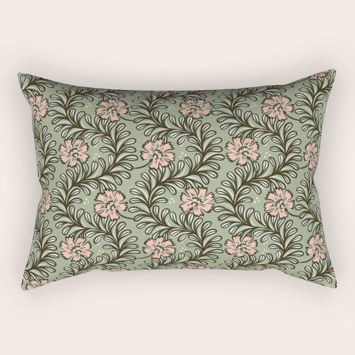 Climbing Leaves Floral Stripe Sage Green and Pink Rectangular Pillow Gallery Image 2