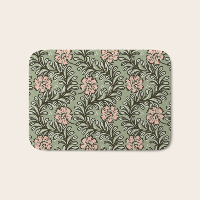 Climbing Leaves Floral Stripe Sage Green and Pink Bath Mat Gallery Image 1