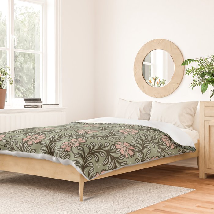 Climbing Leaves Floral Stripe Sage Green and Pink Duvet Cover Gallery Image 2