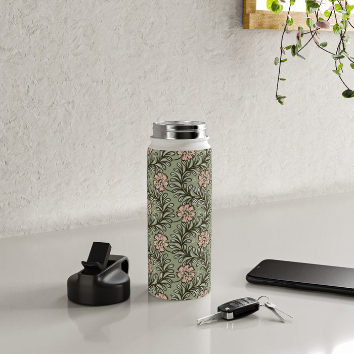 Climbing Leaves Floral Stripe Sage Green and Pink Water Bottle Gallery Image 4