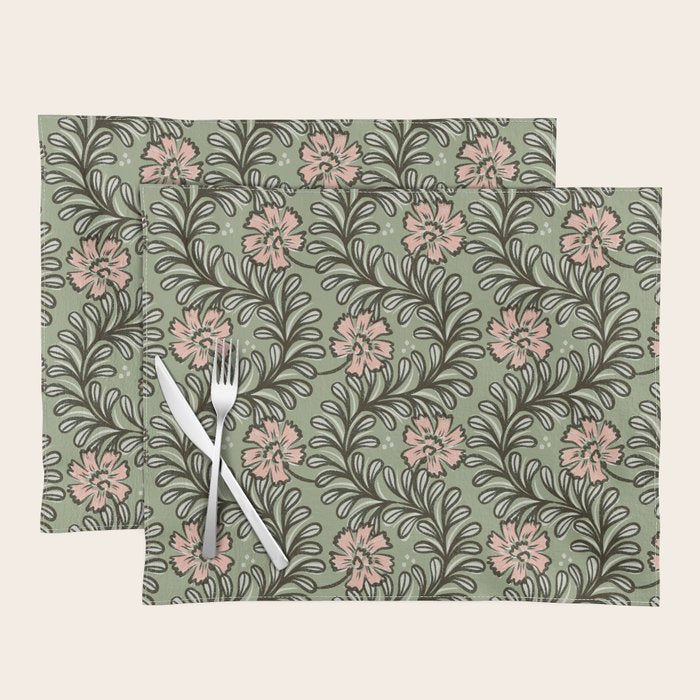 Climbing Leaves Floral Stripe Sage Green and Pink Placemat Gallery Image 1