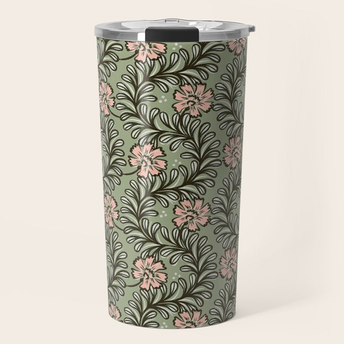 Climbing Leaves Floral Stripe Sage Green and Pink Travel Mug Gallery Image 1