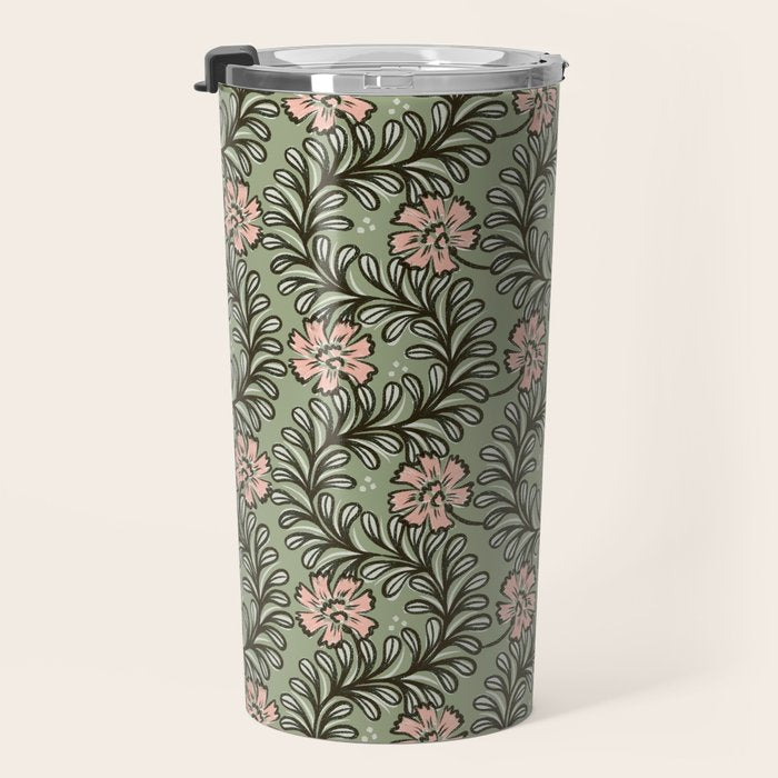 Climbing Leaves Floral Stripe Sage Green and Pink Travel Mug Gallery Image 3