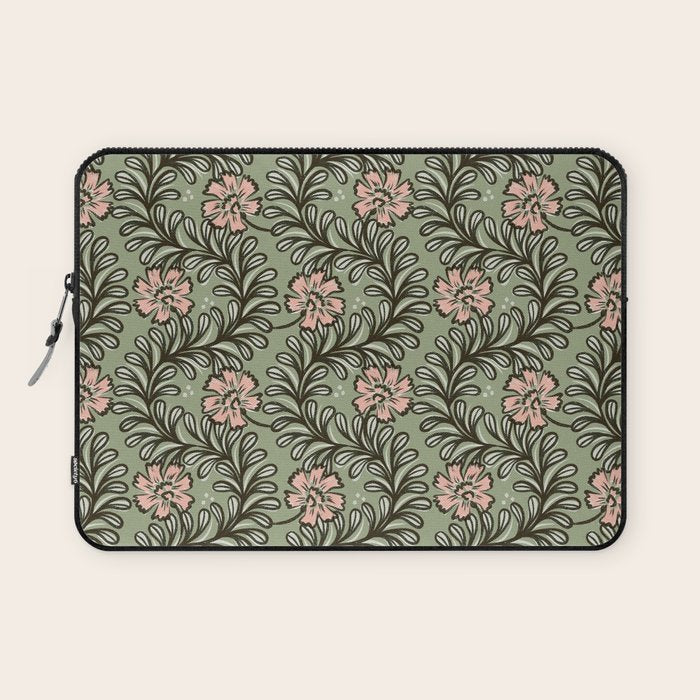 Climbing Leaves Floral Stripe Sage Green and Pink Laptop Sleeve Gallery Image 1