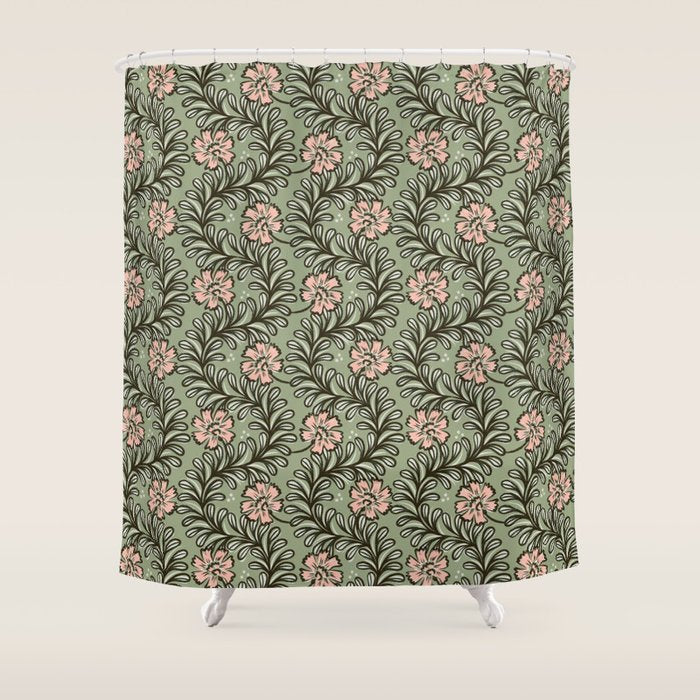 Climbing Leaves Floral Stripe Sage Green and Pink Shower Curtain Gallery Image 1