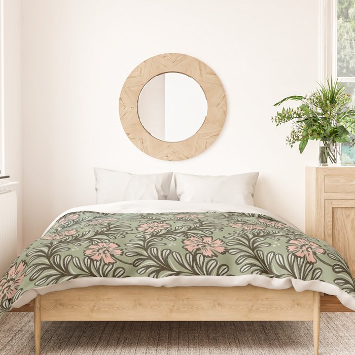 Climbing Leaves Floral Stripe Sage Green and Pink Duvet Cover Gallery Image 3