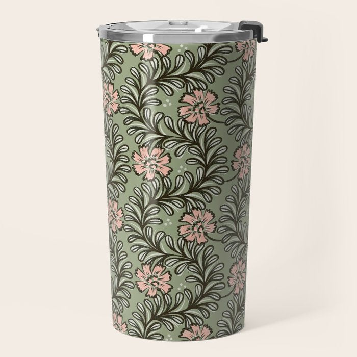 Climbing Leaves Floral Stripe Sage Green and Pink Travel Mug Gallery Image 2