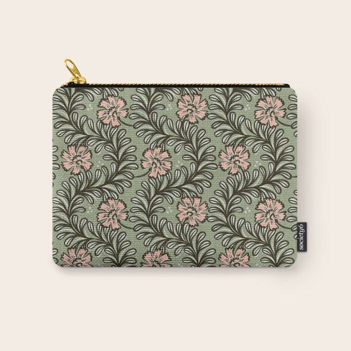Climbing Leaves Floral Stripe Sage Green and Pink Carry All Pouch Gallery Image 1
