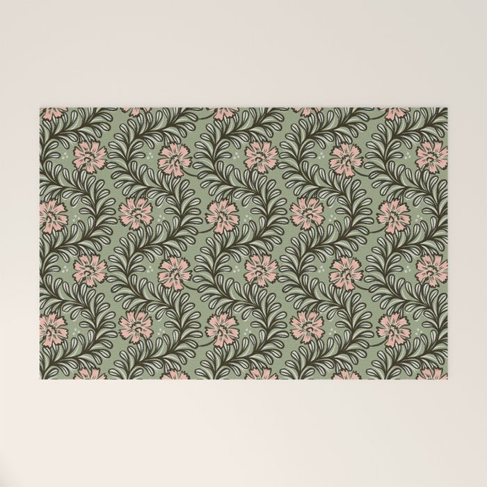 Climbing Leaves Floral Stripe Sage Green and Pink Welcome Mat Gallery Image 1