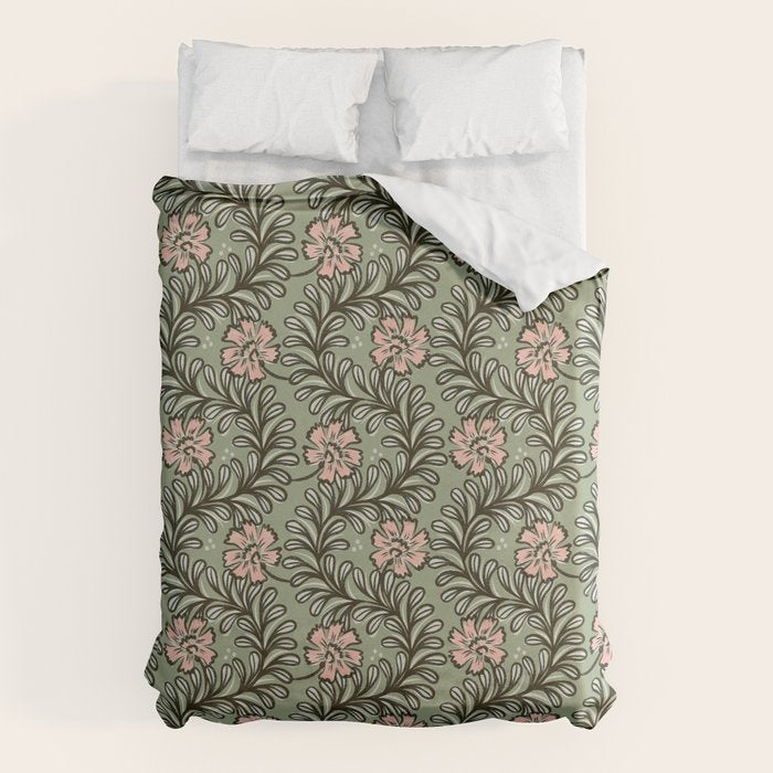 Climbing Leaves Floral Stripe Sage Green and Pink Duvet Cover Gallery Image 1