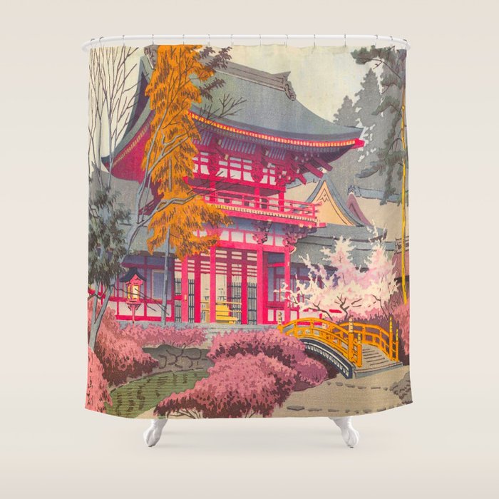 Japanese Woodblock Print Vintage Bright East Asian Red Pagoda Spring Garden Shower Curtain Gallery Image 1
