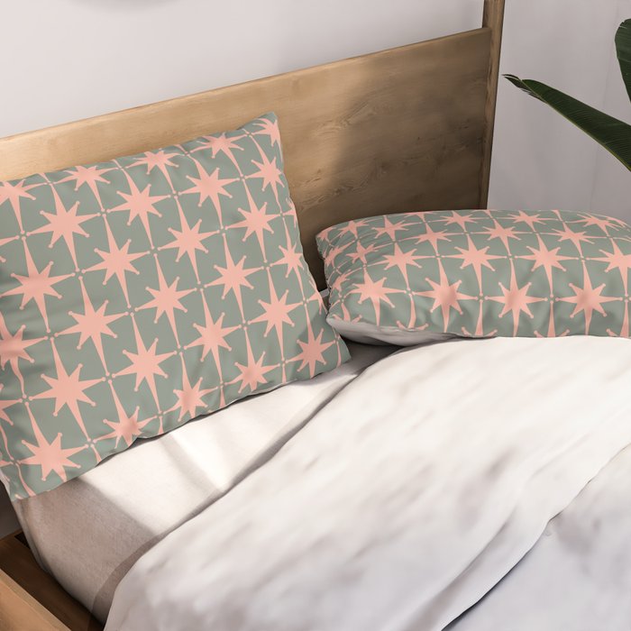 Atomic Age Retro 50s Starburst Pattern in Blush Pink and Gray-Green Pillow Sham Gallery Image 2