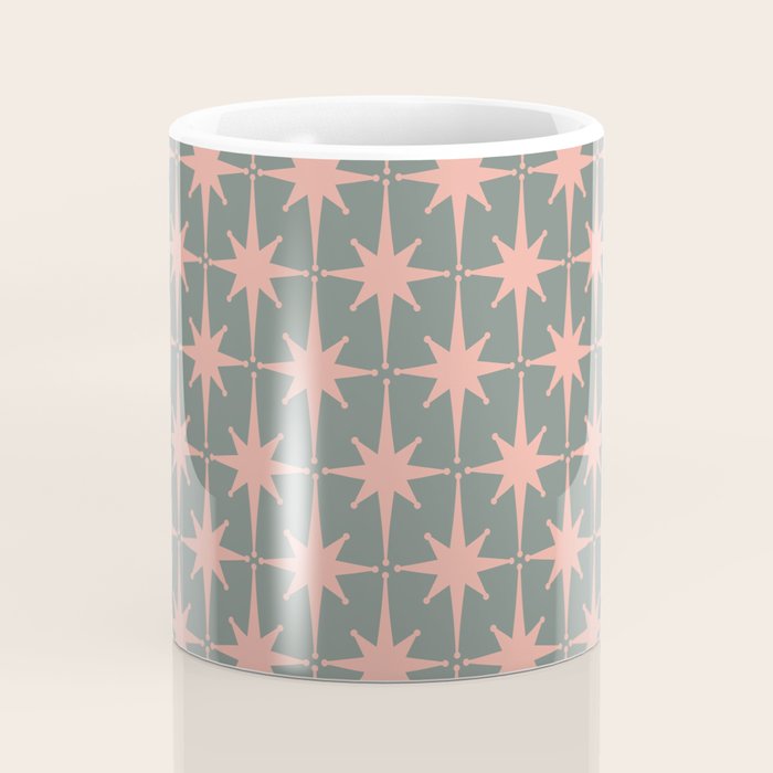 Atomic Age Retro 50s Starburst Pattern in Blush Pink and Gray-Green Coffee Mug Gallery Image 4